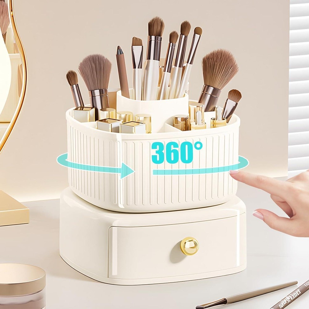 Makeup Brush Holder Organizer, 360° Rotating Makeup Organizer with Drawer,5 Slot