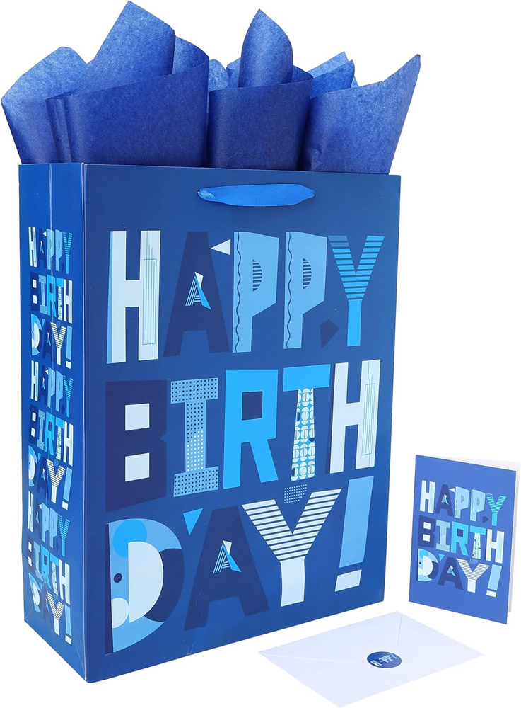 16.5 Inch Large Blue Gift Bags Set Includes Card and Tissue Paper