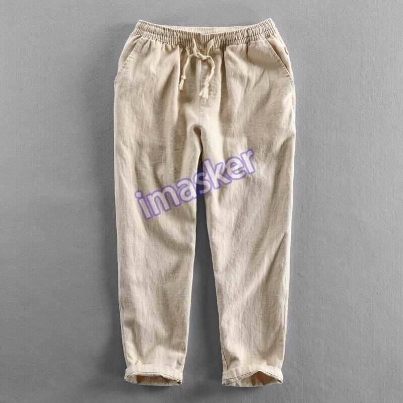 Men Linen Casual Pants Loose Fit Solid Color Straight Leg Trouser Large Size