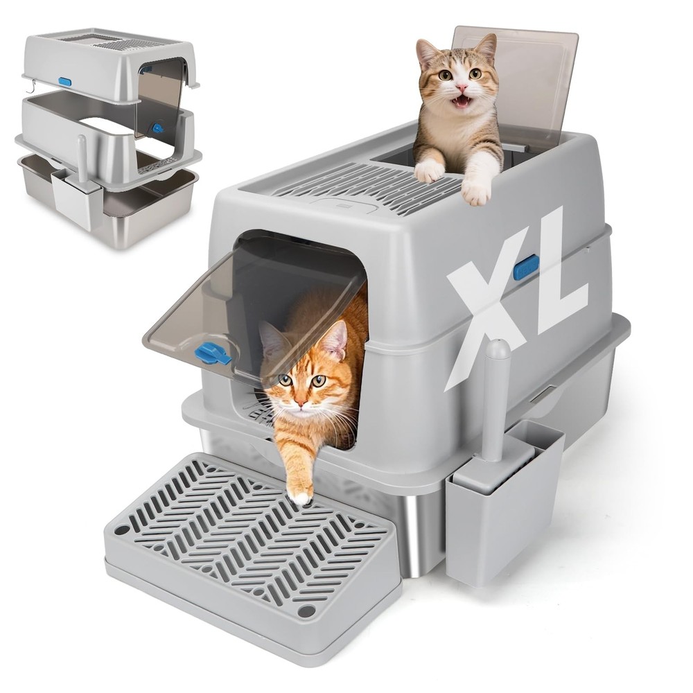 Stainless Steel Open-Top Cat Litter Box Large Enclosed Metal Design for Odor Control