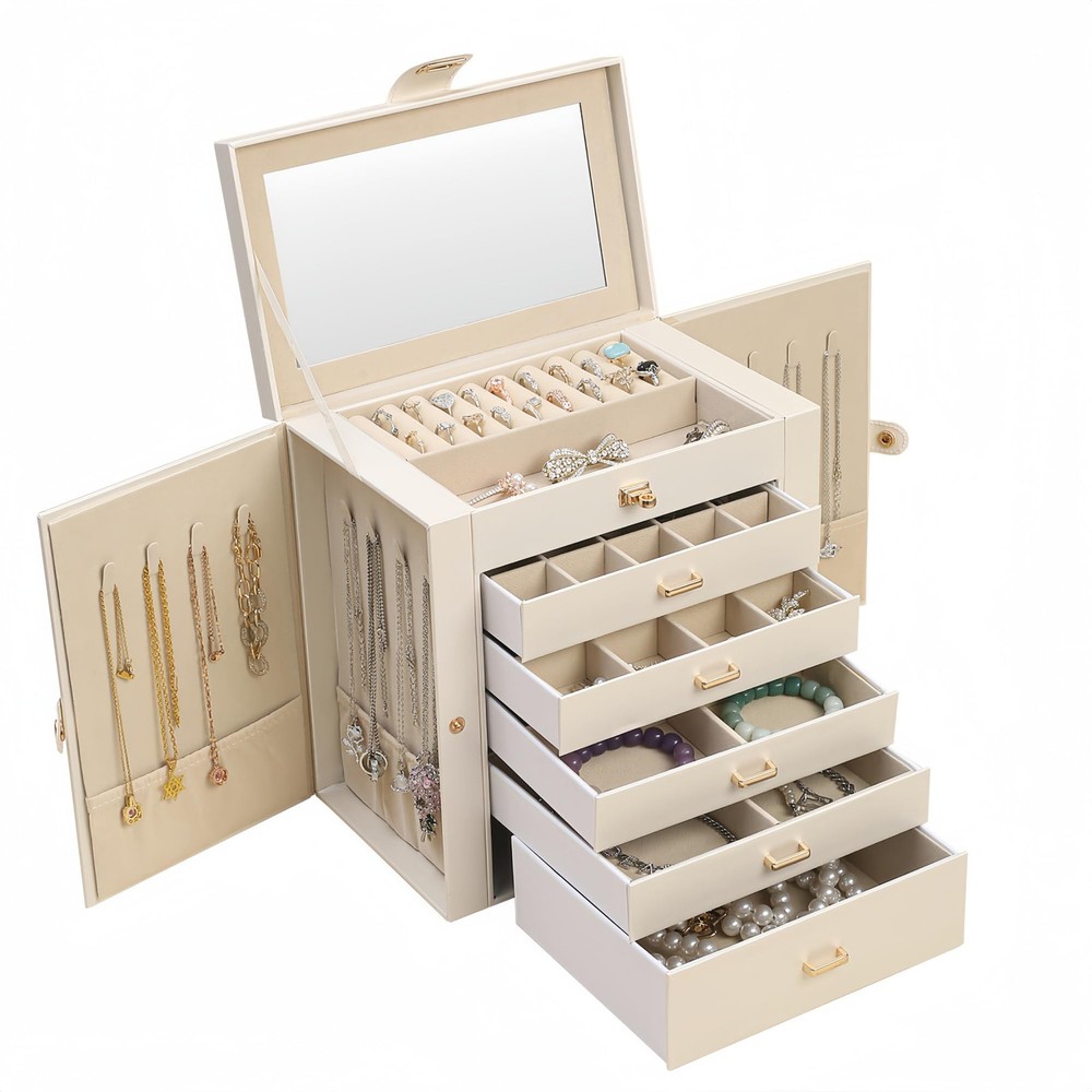 Jewelry Box Large, 6-Layer Jewelry Storage Boxwith Mirror and 5 Drawers for W...