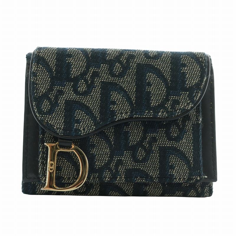 Y0722 Christian Dior Wallet Tri-Fold Jacquard Leather Logo Gold Hardware