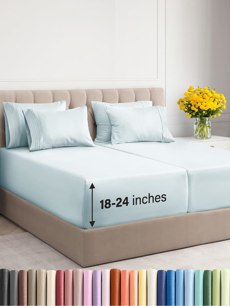 Extra Deep Split King 7-Piece Cooling Luxury Ice Blue Sheet Set