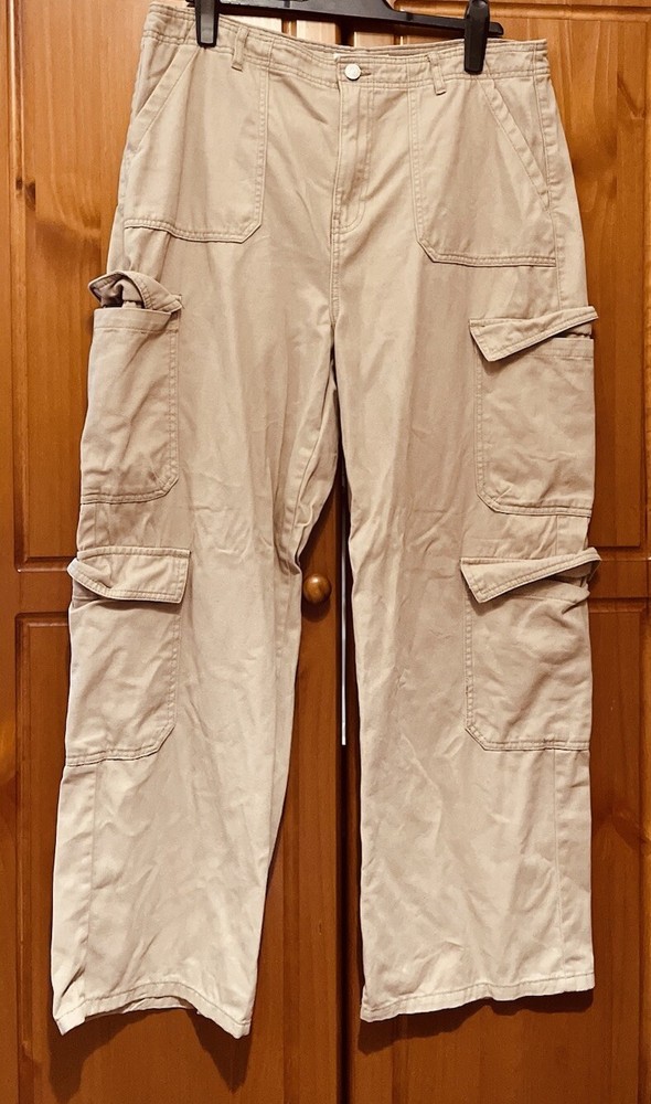 Denim & Co Stretch High Waist Cargo Trousers in Neutral UK18 L30 Canvas