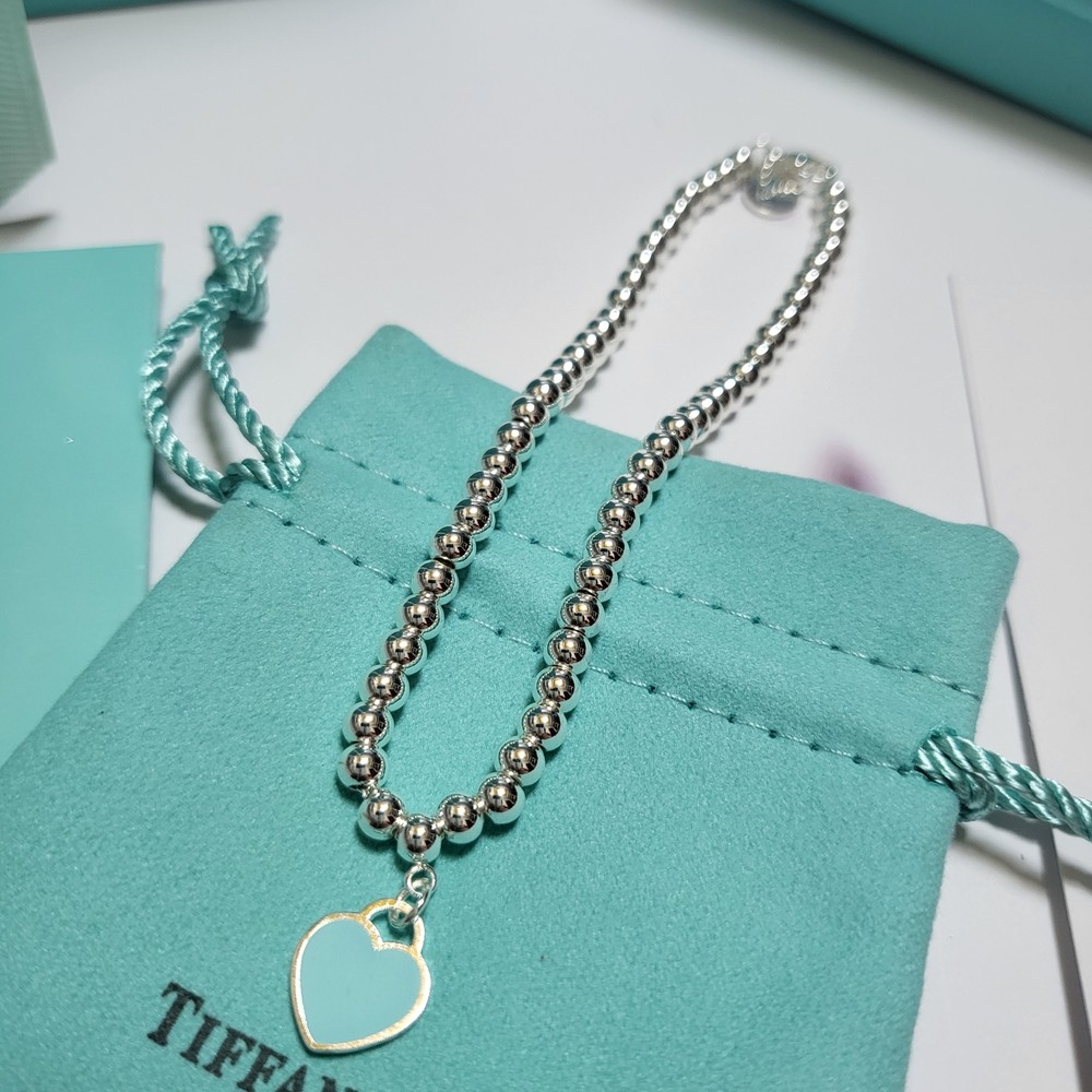 Tiffany & Co. Silver Blue Heart Ball Chain Bracelet With Box
