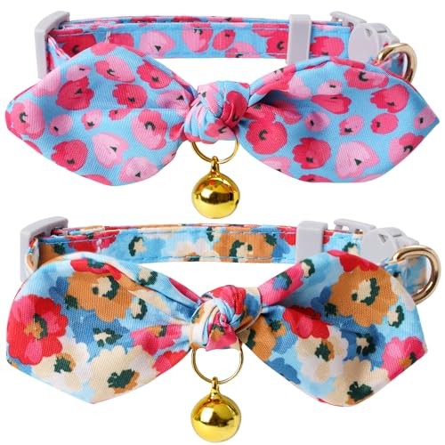 2 Pack Floral Breakaway Cat Collars with Bow Ties - Blue & Pink