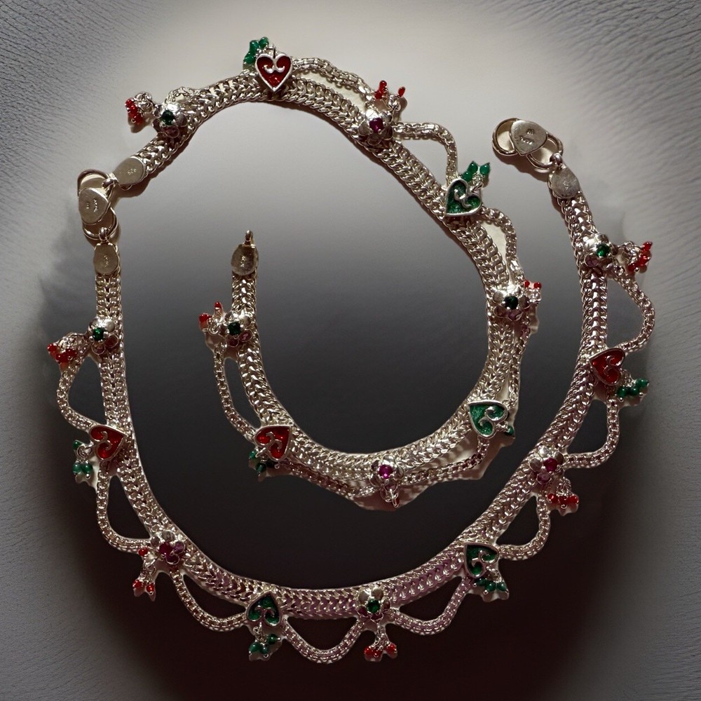 PAIR STERLING SILVER payal red green crystals jhalar ANKLET BOLLYWOOD INDIA 925-image