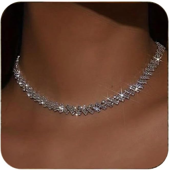 Necklace for Women - Silver  Choker Sparkly Crystal Rhinestone Jewelry