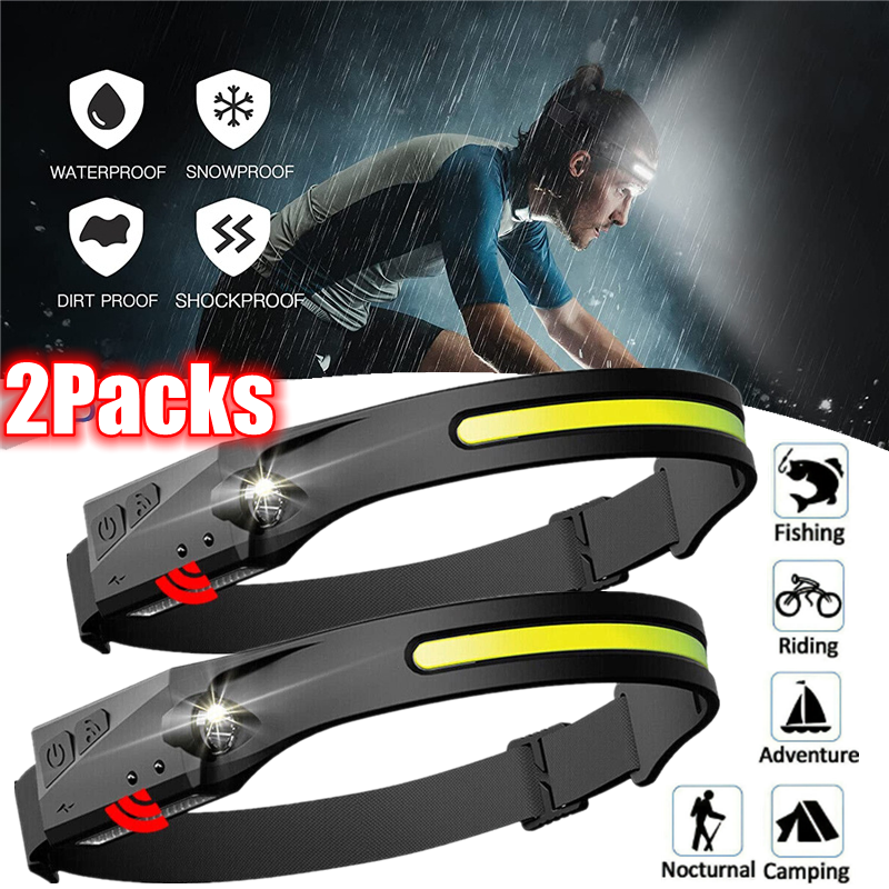 2 PACK Headlamp COB LED Rechargeable Headlight Torch Work Light Bar Head Band