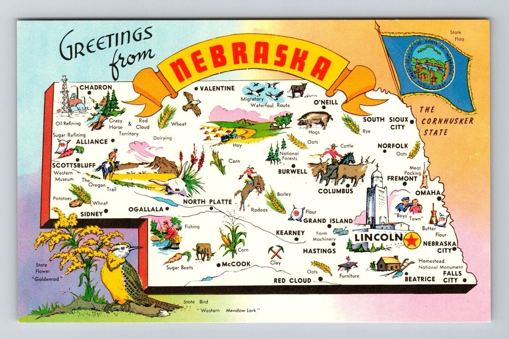 NE-Nebraska, Map Greetings, Landmarks, Scenic View, Vintage Postcard