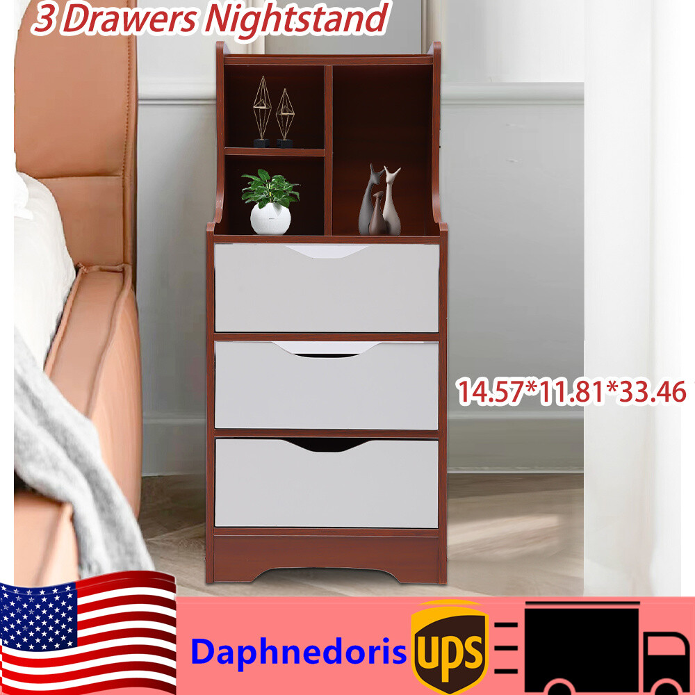 Antique Dark Brown 3-Drawer Nightstand Free Standing Bedroom Cabinet Organizer