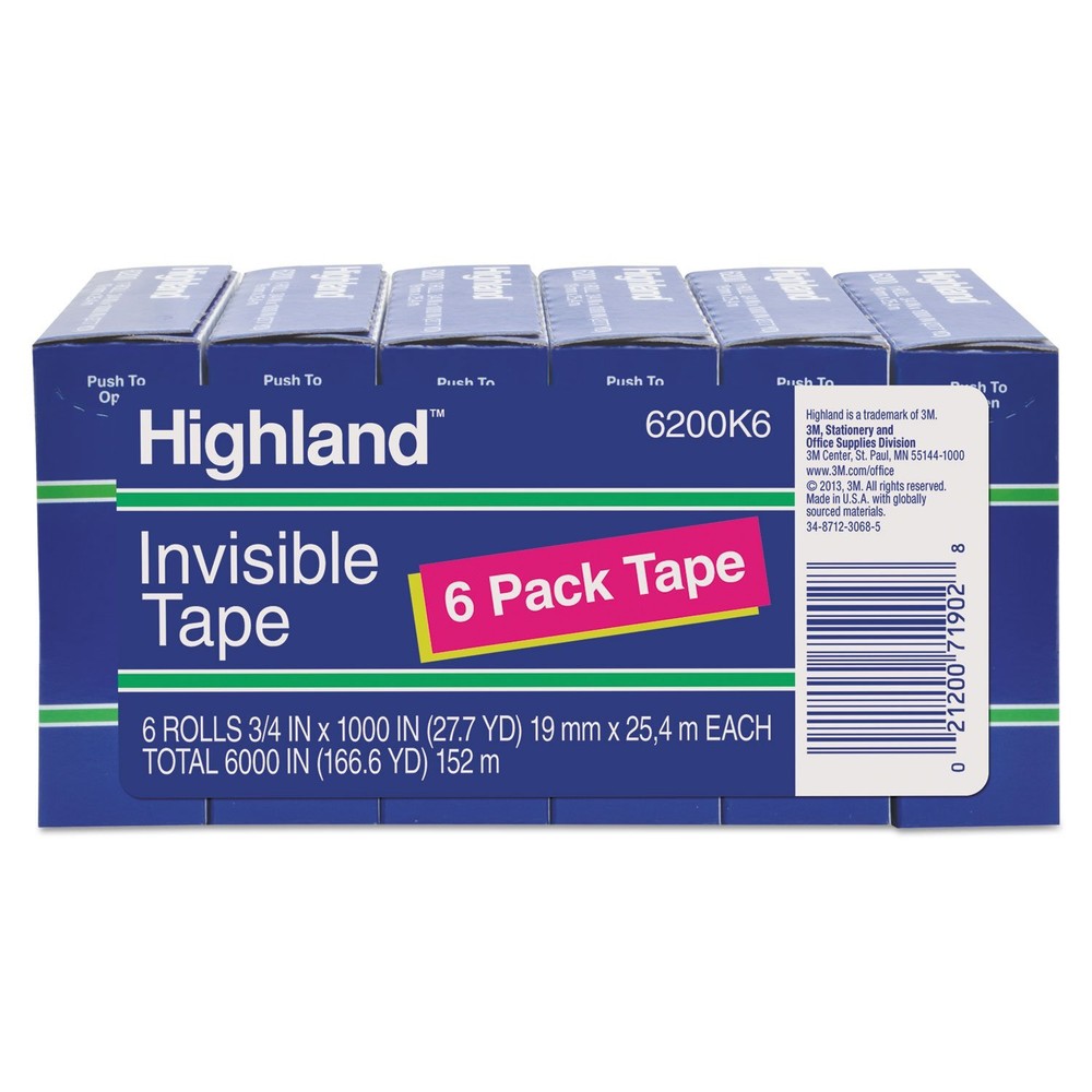 Highland 6200K6 Invisible Permanent Mending Tape, 3/4-Inch x 1000-Inch, 1-Inc...