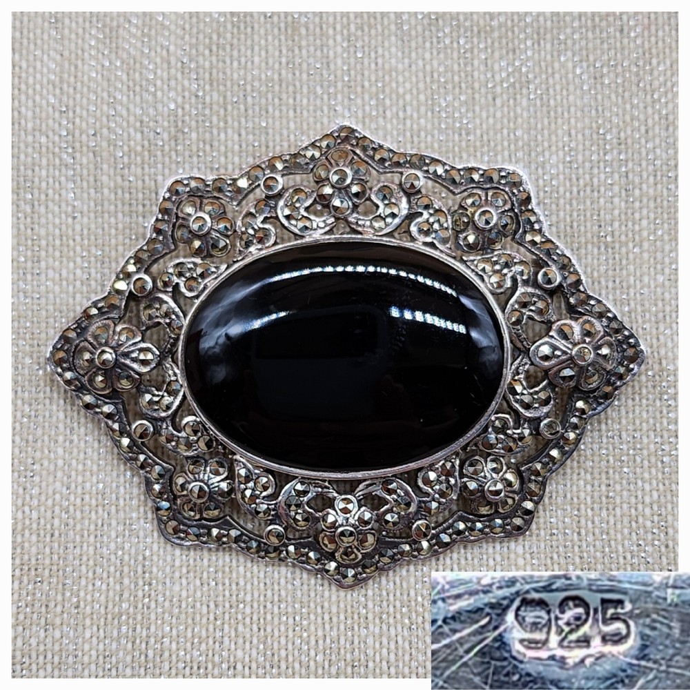 Vintage Sterling Silver 925 Black Onyx Marcasite Floral Statement Brooch