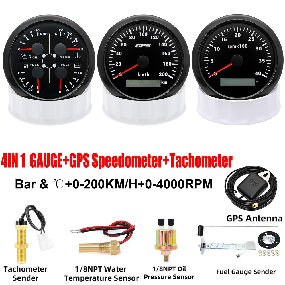 3 Gauge Set 85mm GPS Speedometer 200km/h Tacho 4000RPM & 4in 1 Gauge With Sender