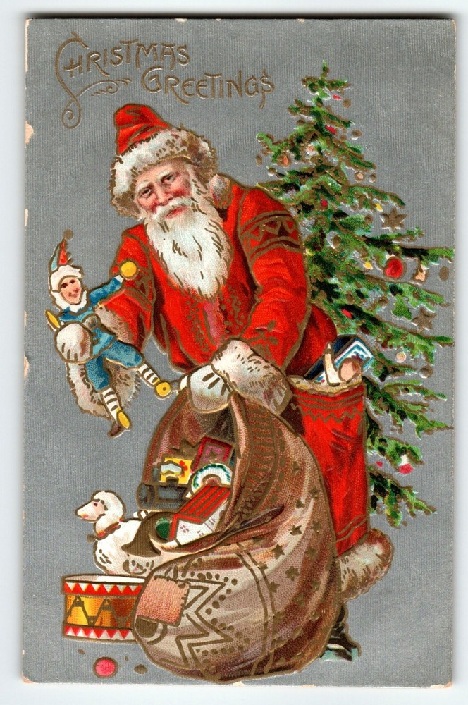 Santa Claus Christmas Postcard Long Fancy Robe Old World Embossed Tree Toys