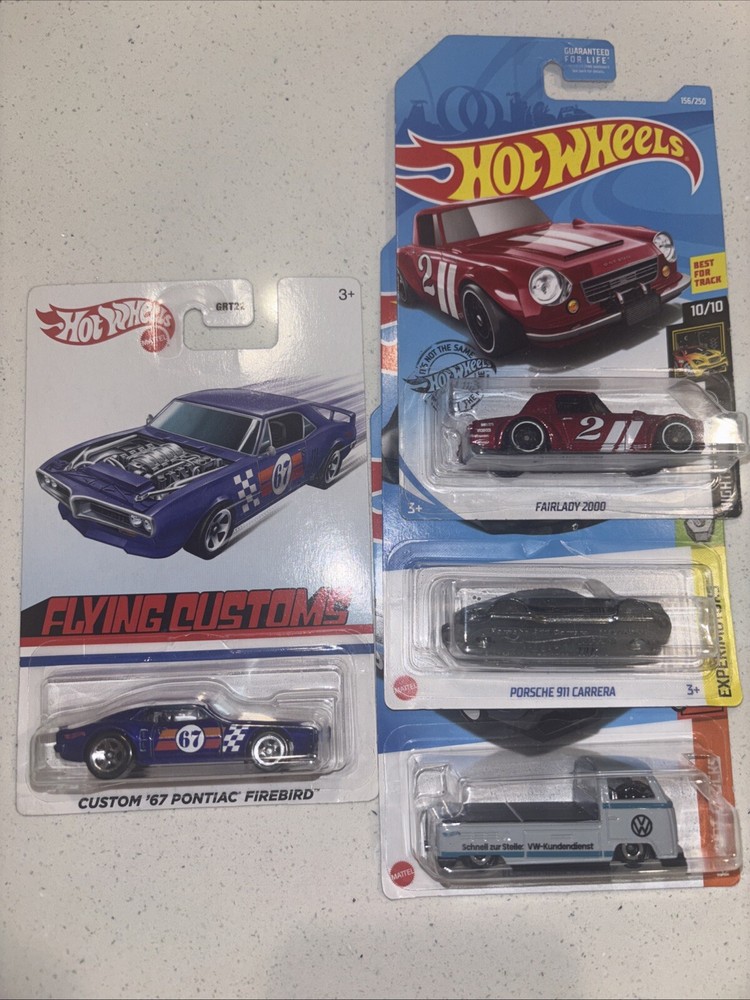 Hot Wheels random lot of 4 Super Cool Cars.. Flying Custom Firebird, Fairlady