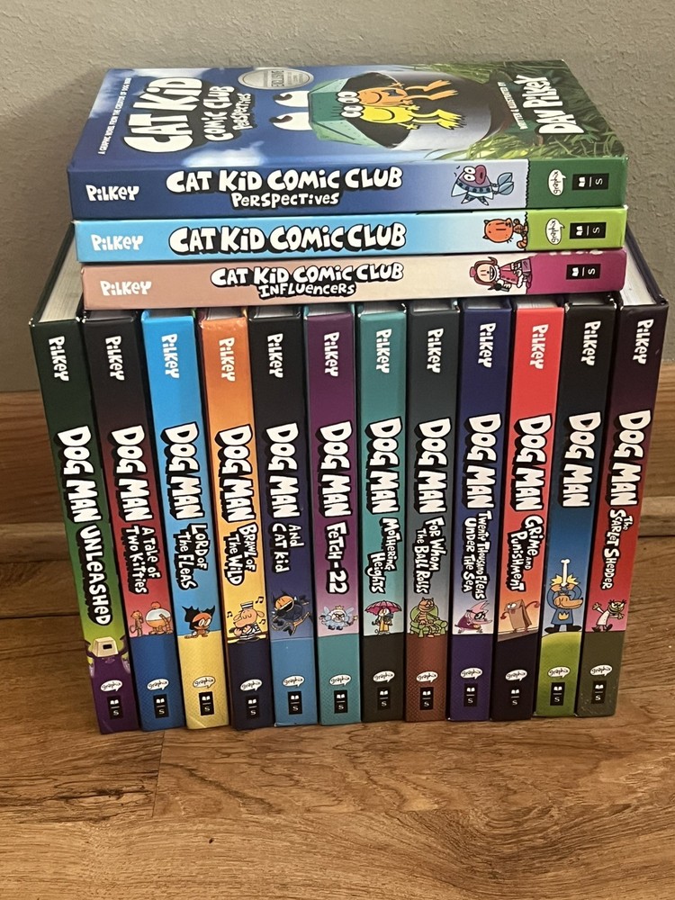 Dog Man Complete 12-Book Hardcover Series by Dav Pilkey + 3 Cat Kid Books