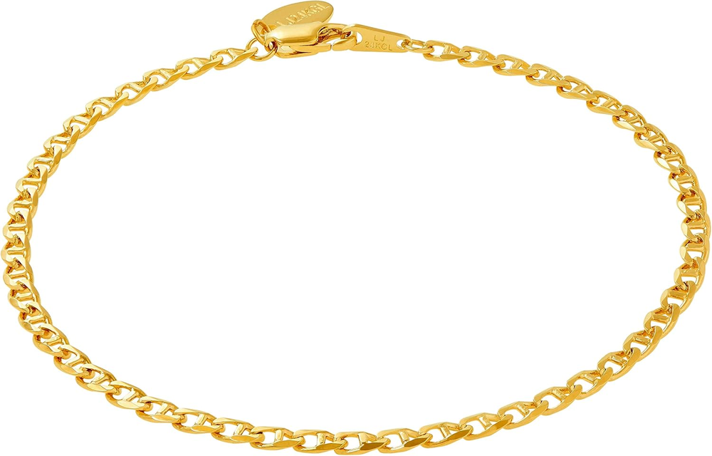 Womens Gold Anklet 3mm Mariner Link Chain Ankle Bracelet 24k Gold Plated