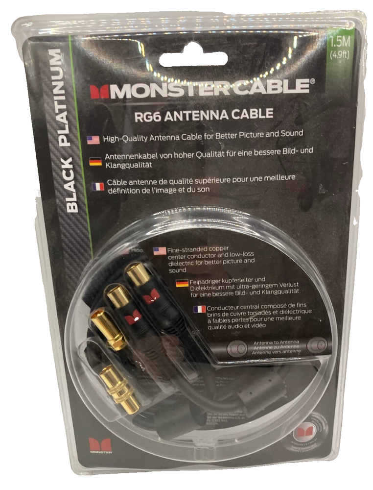 Monster RG6 Antenna  TV  Cable 1.5m Black Platinum NEW