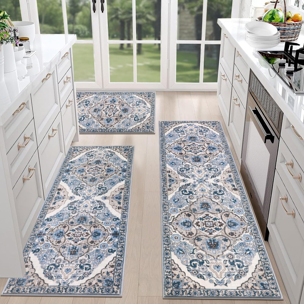 HEBE Non-Slip Washable Boho Farmhouse Kitchen Rug Set of 3 with Anti-Skid Backing