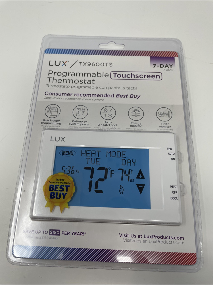 Lux Touchscreen Programmable Thermostat, White - TX9600TS - SEALED