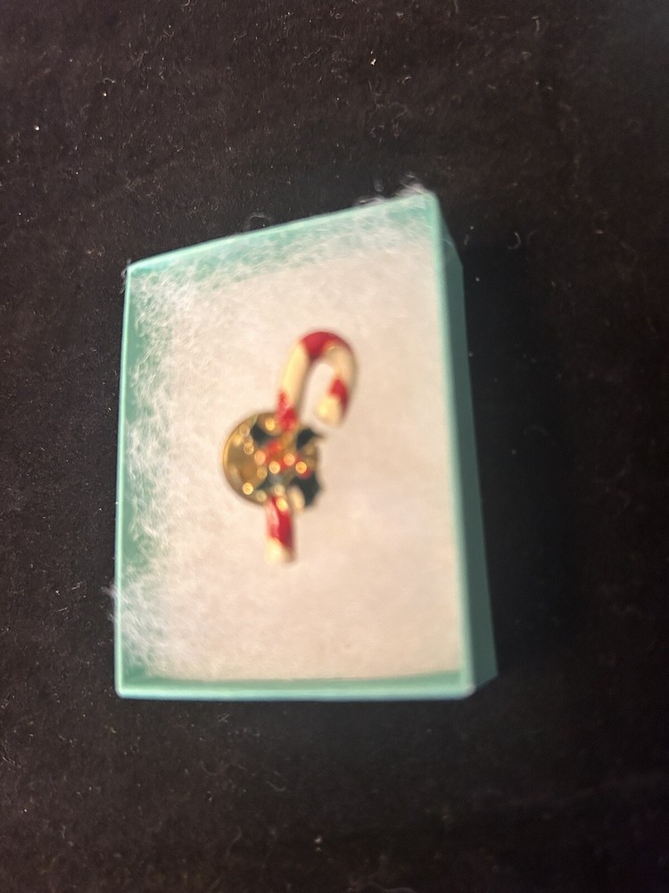 Vintage 1 Inch Candy Cane Holly Brooch Pin with Gift Box