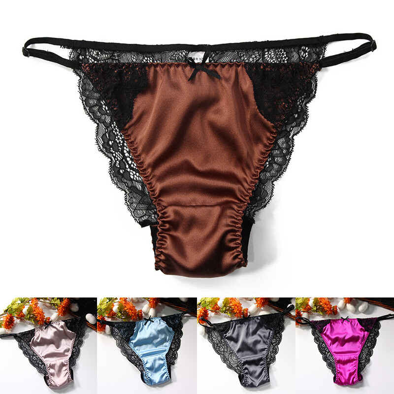 Womens Mulberry Silk Satin Thong Panties Sexy Lace Seamless Underwear G-String