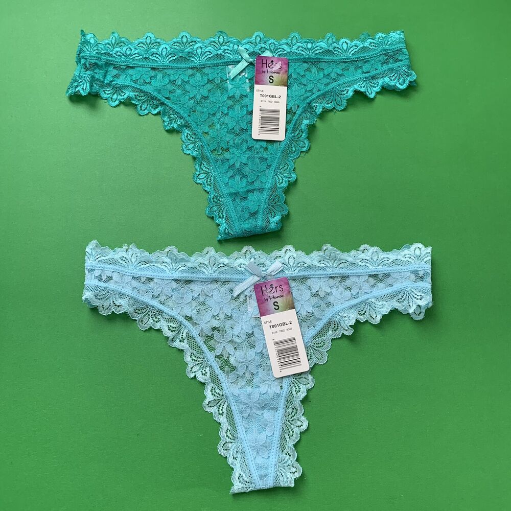 2 Hers  By Herman Lace Thongs  Blue Green Floral Size Small Scalloped Edges New