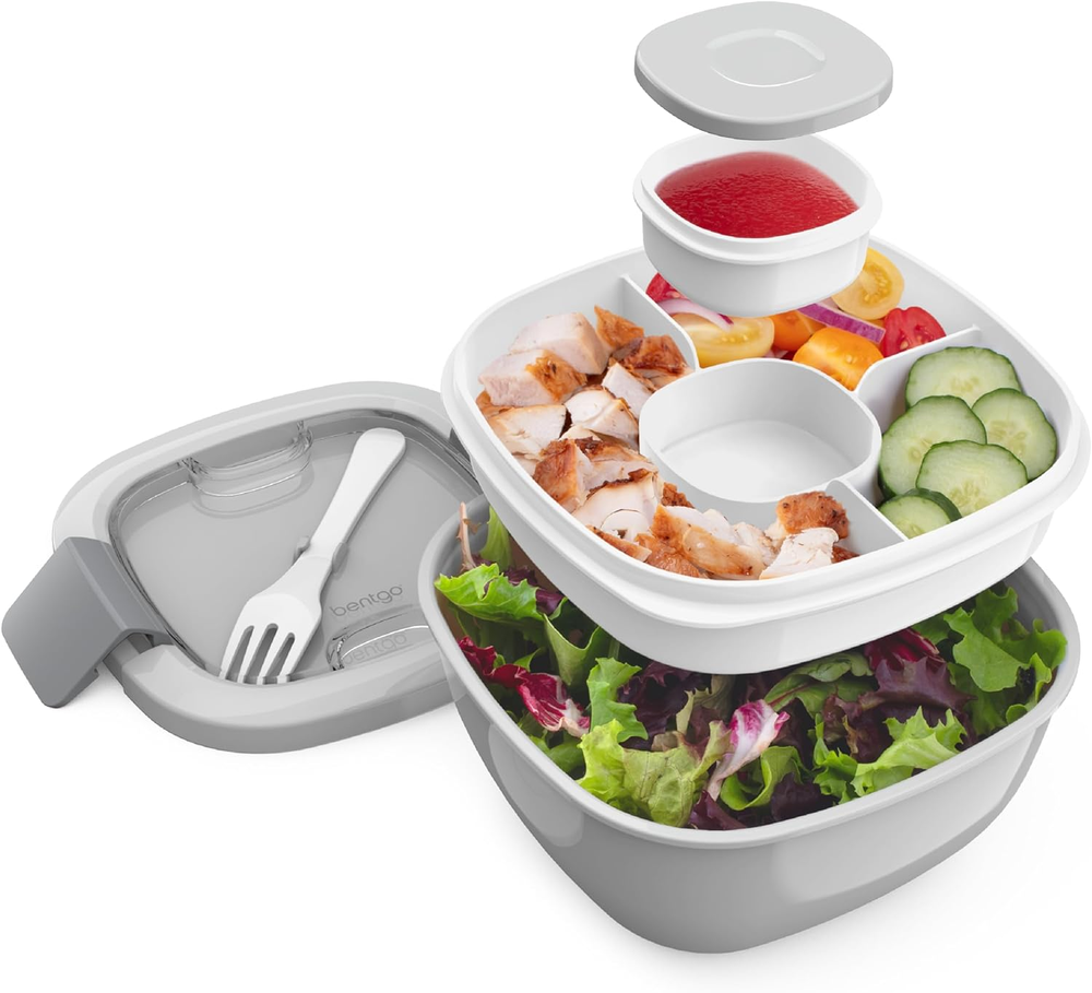 54 Oz Salad Bowl with 4-Compartment Leak-Proof Toppings Tray