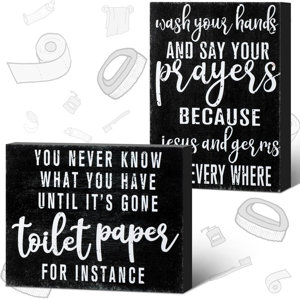 Blulu 2-Pack Farmhouse Wooden Bathroom Signs - Funny Black Decor