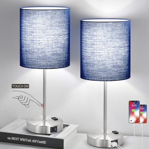???? ??? Set of 2 Touch Control Table Lamps Navy & Brushed Nickel(Base)