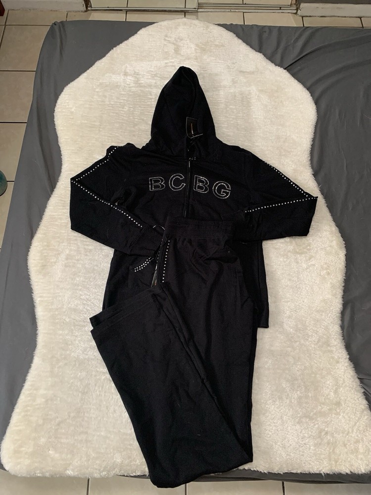 BCBG MAXAZRIA 2pc. Pant Hoodie Jacket Set Loungewear Track Sz Large Black