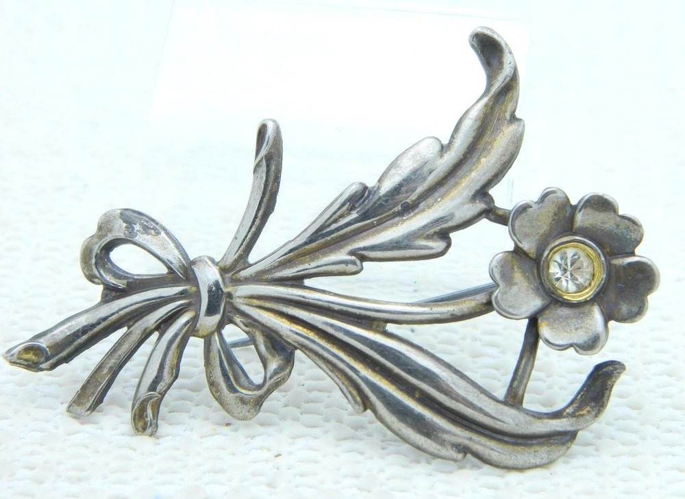 VTG Sterling Silver .925 Rhinestone Flower Brooch Pin Marked  