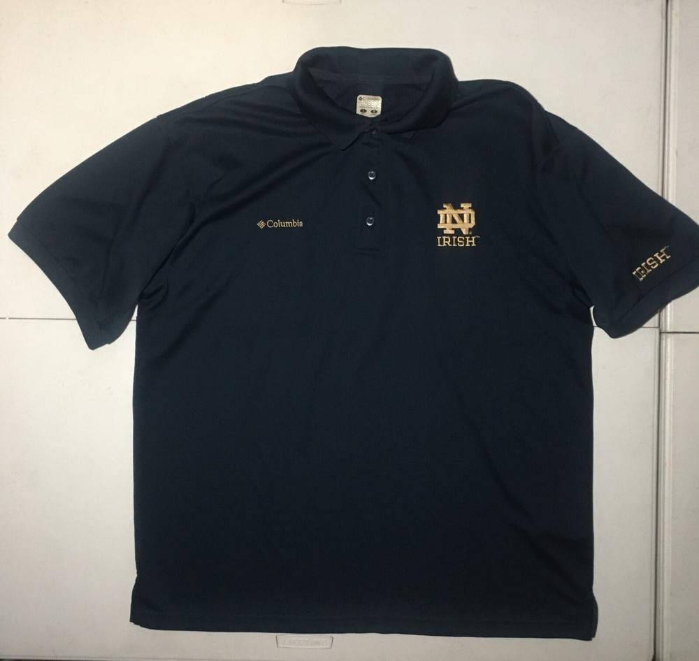 Notre Dame Vented Columbia PFG Polo Shirt Mens Large Blue Short Sleeve