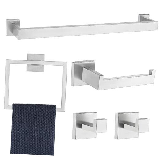 5-Piece Brushed Nickel Bathroom Hardware Set with 24-Inch Towel Bar