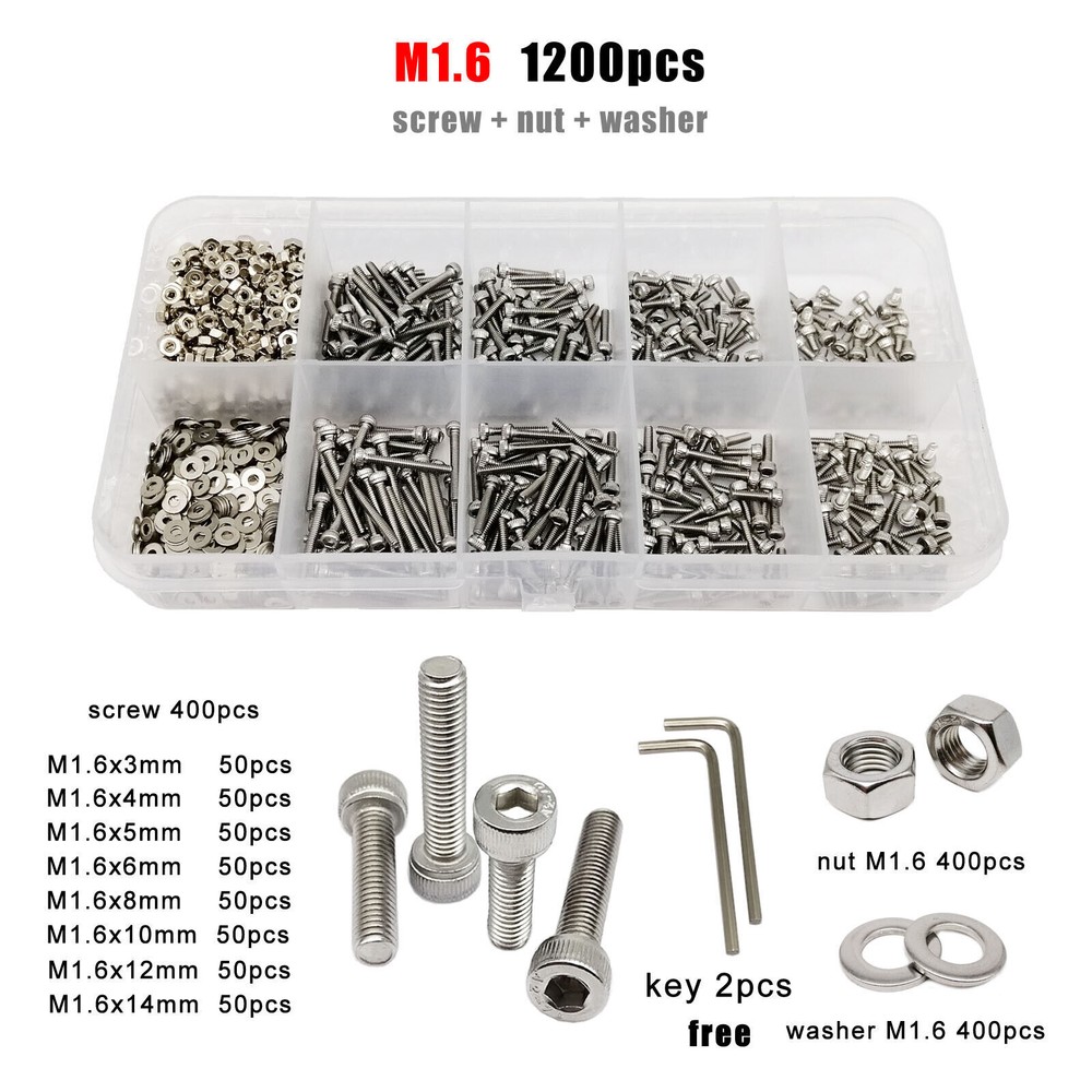 M1.6-M8 SUS304 Allen Hexagon Hex Socket Cap Head Screw Bolt Nut Washer Set Kit