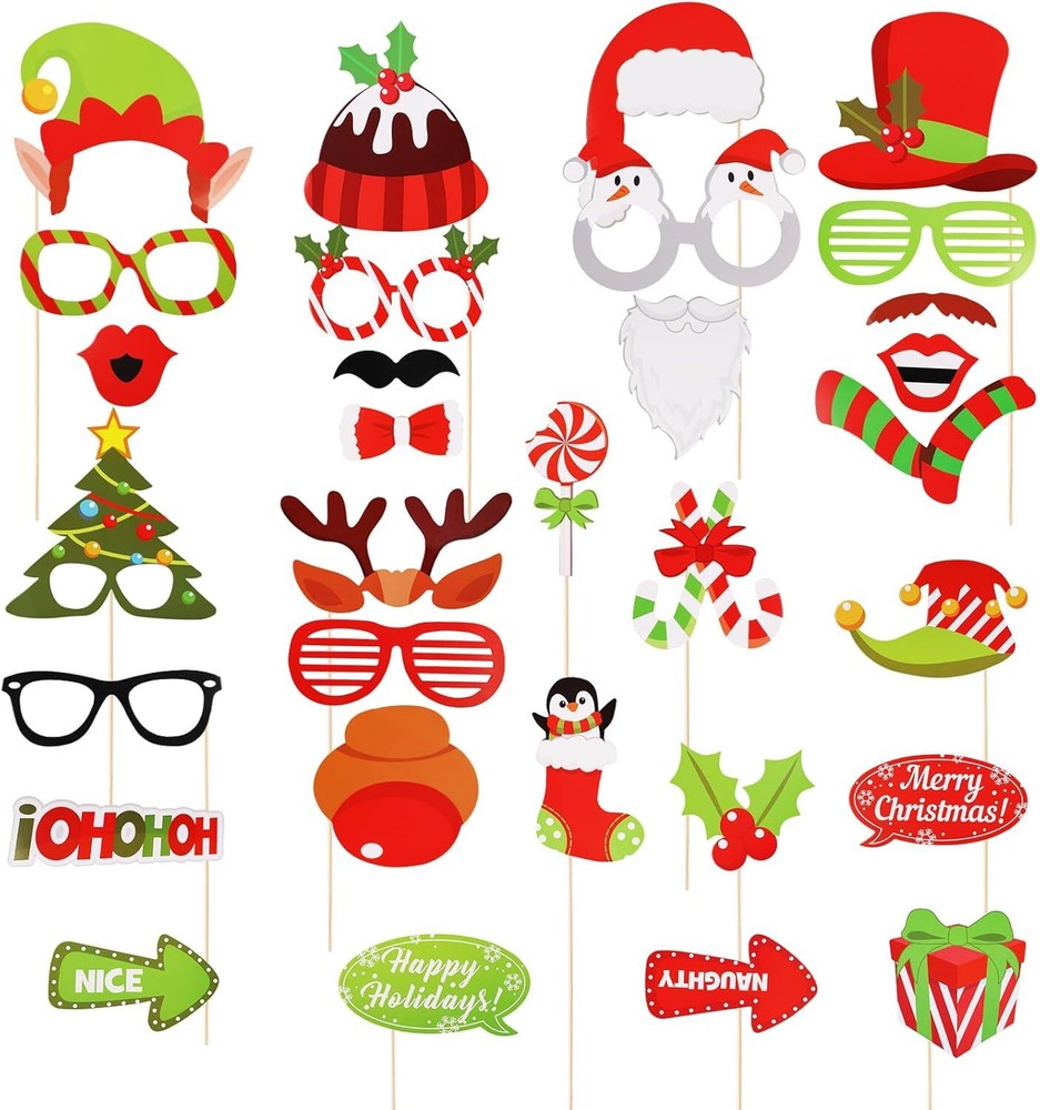 Amaxiu 32pcs/Set Christmas Party Photo Booth Props Kit, Funny Color