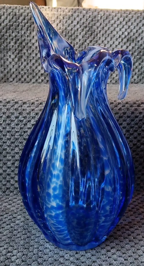 Art Glass Vase Hand Blown Cobalt Blue Spotted Ribbed Calla Lily Vase 8.5
