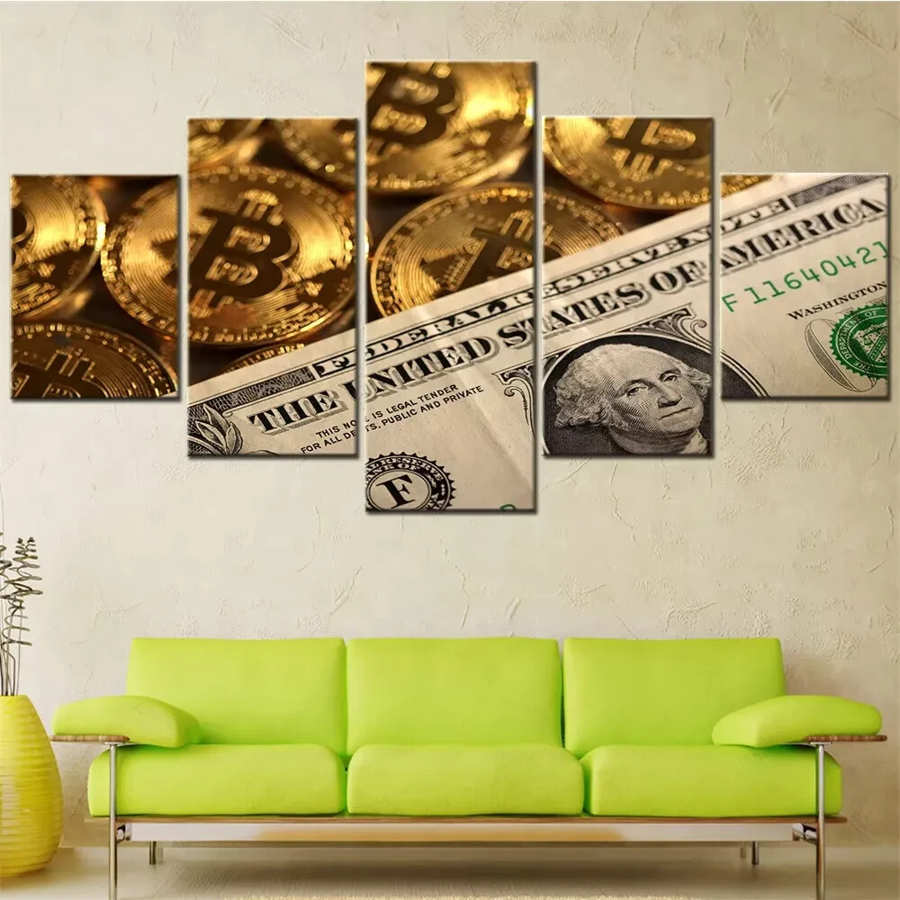Bitcoin & US Dollars Money Crypto Cryptocurrency 5 Piece Panel Canvas Wall Art-image