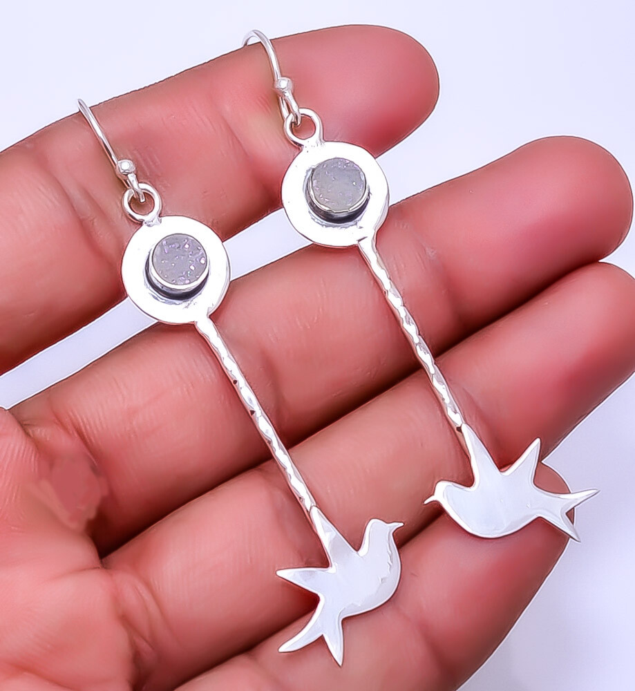 Snow White Titanium Agate Drusy 925 Sterling Silver Flying Bird Earring 2.89