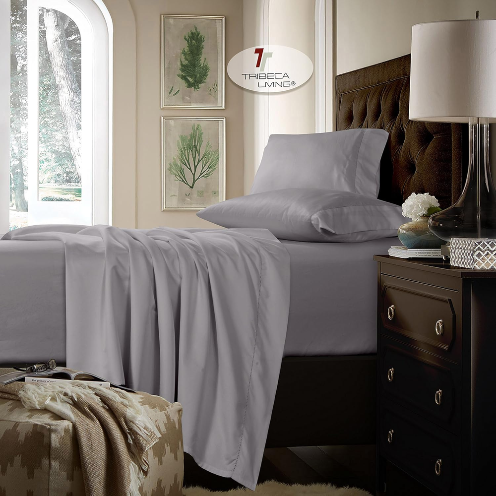 Queen Bed Sheet Set, Soft Cotton Sateen Solid Sheets and Pillowcase Set, Extra D