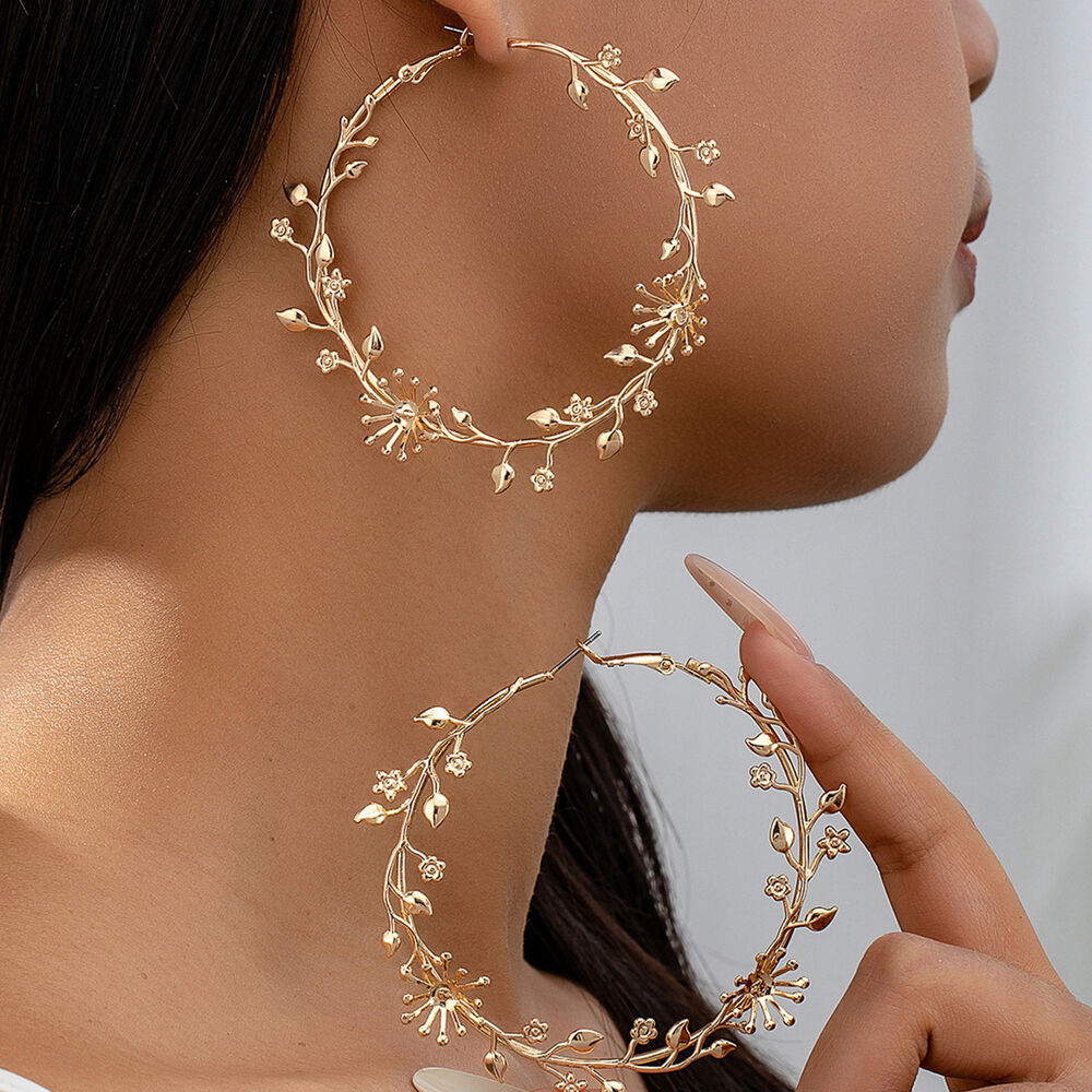 Luxurious Large Vintage Floral Vine Hoop Earrings Golden Circle