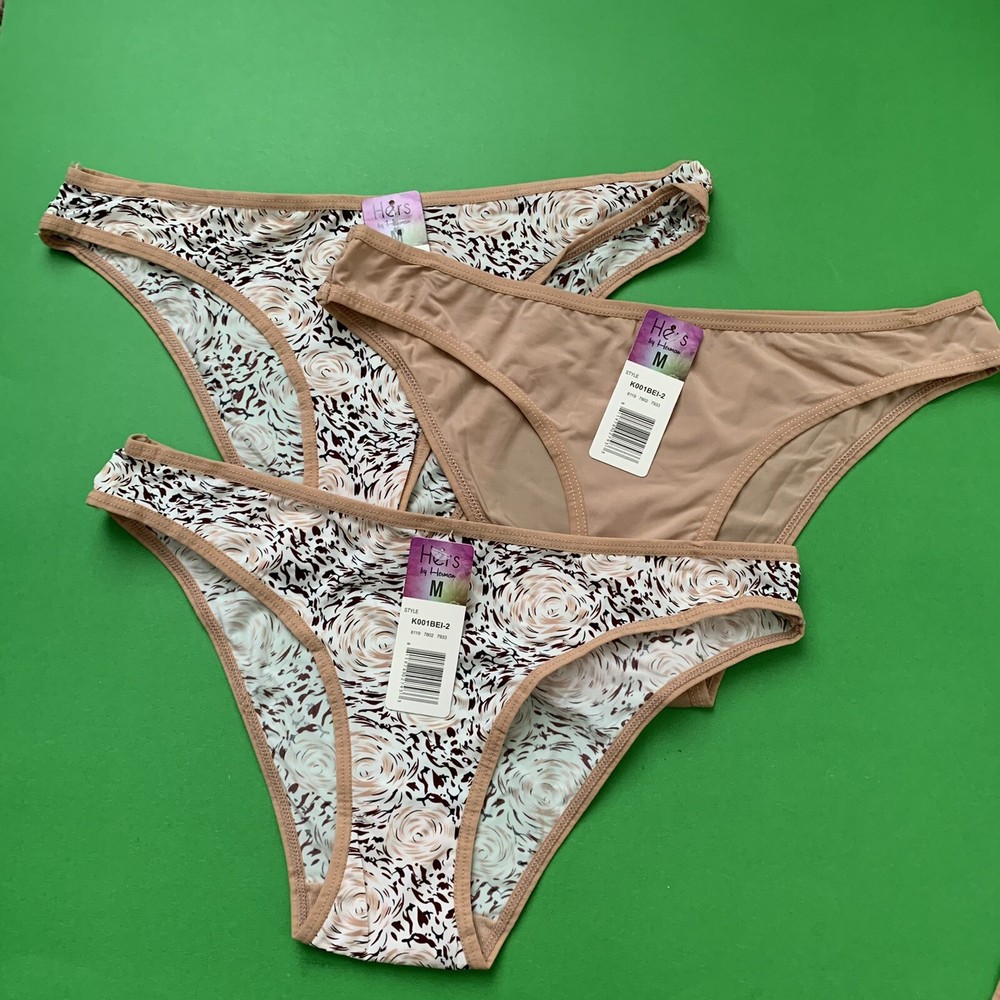 3  Hers By Herman NWT bikini Panties Solid Tan and Floral Print Size M