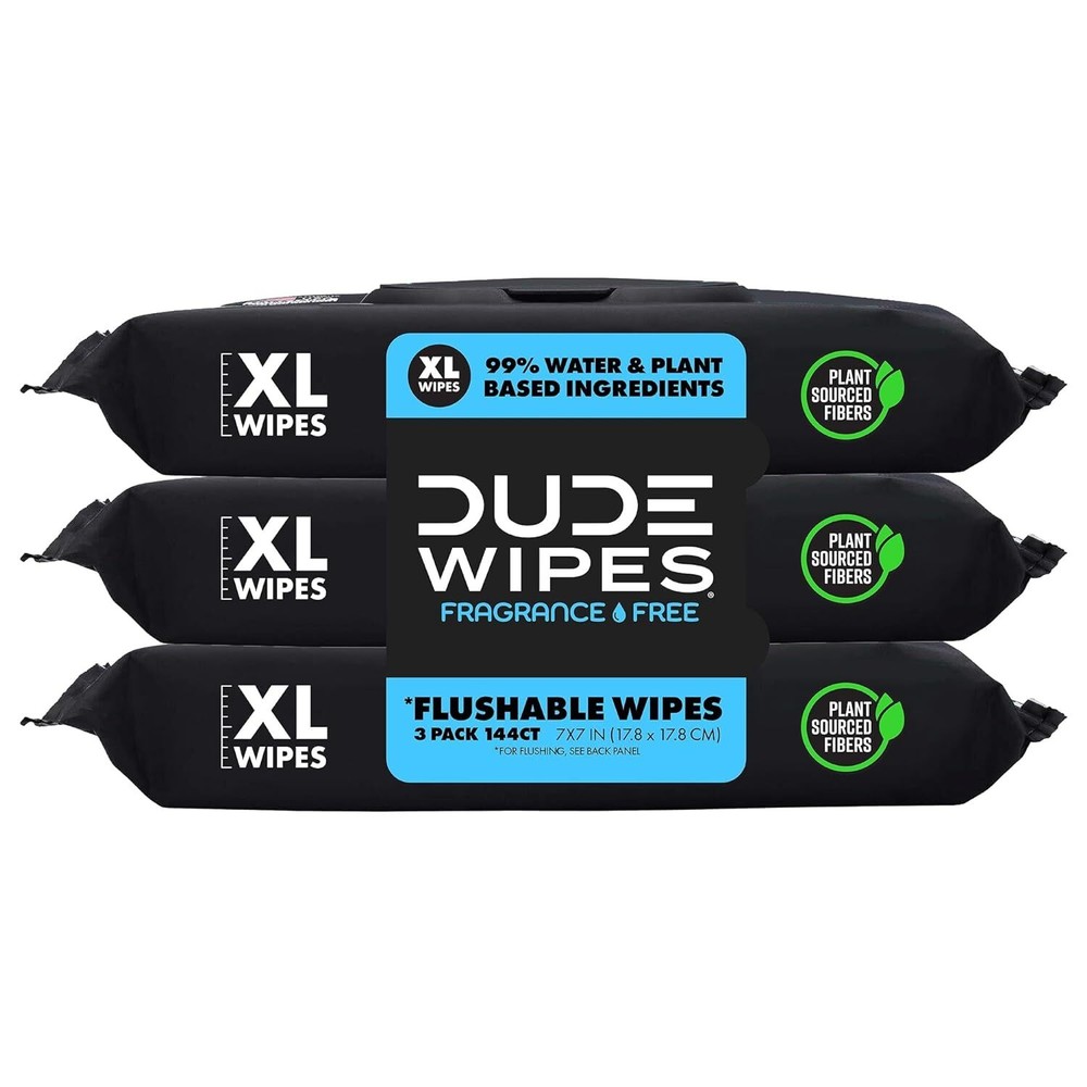 DUDE Wipes - Flushable Wipes - 3 Pack, 144 Wipes - Unscented Extra-Large Adult W