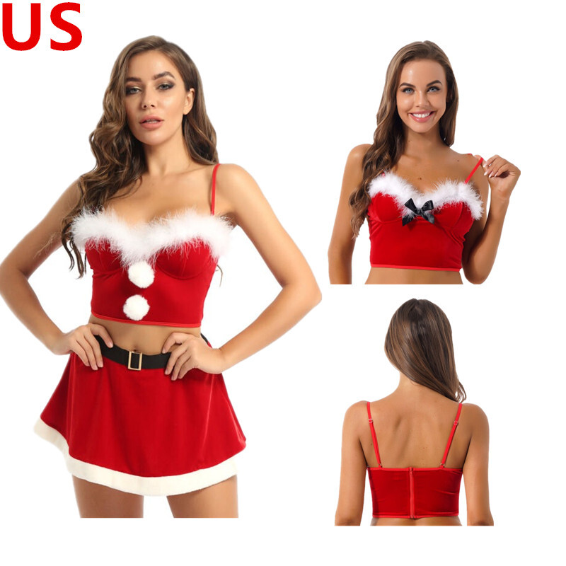 US Women's Red Faux Fur Trim Bra with Skirt Set Sexy Santa Babydoll Nightwear