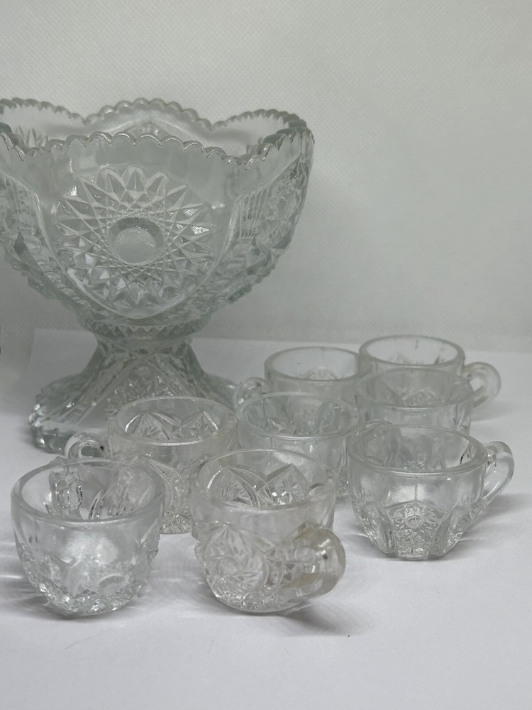 INDIANA GLASS TOY PUNCH BOWL SET 8 CUPS EAPG GLASS OVAL STAR