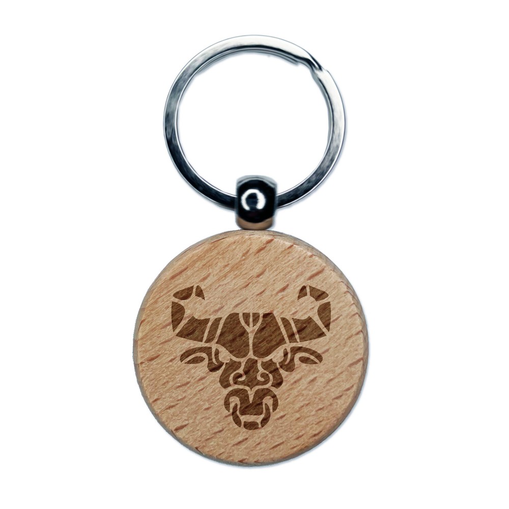 Stylized tribal bull head keychain with nose ring on engraved wood charm