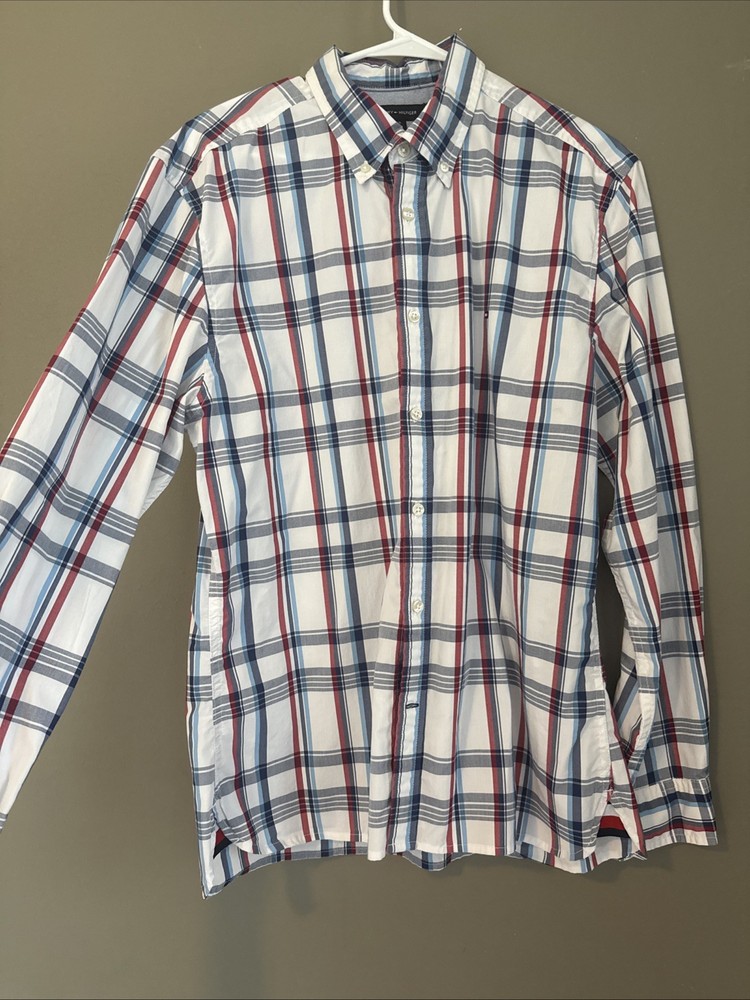 Tommy Hilfiger Mens Plaid Custom Fit Cotton Blend Shirt Blue Red White Large