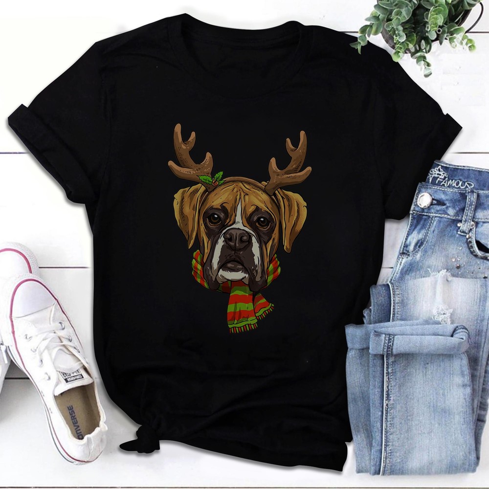 Boxer Christmas Reindeer Antlers Dog Xmas T-Shirt