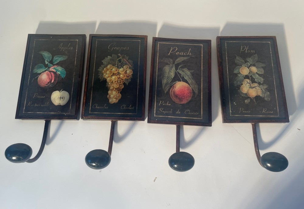 Decorative Fruit Tile Wall Hooks Set of 4 - Apple Grapes Peaches Plums - 4x6 Inches  
